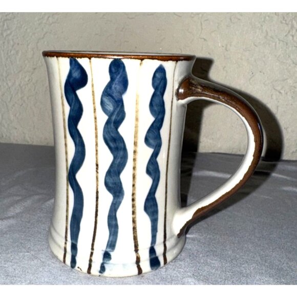 Handmade Ceramic Mug With Blue Wavy Stripes & Tan Accents - Picture 2 of 5